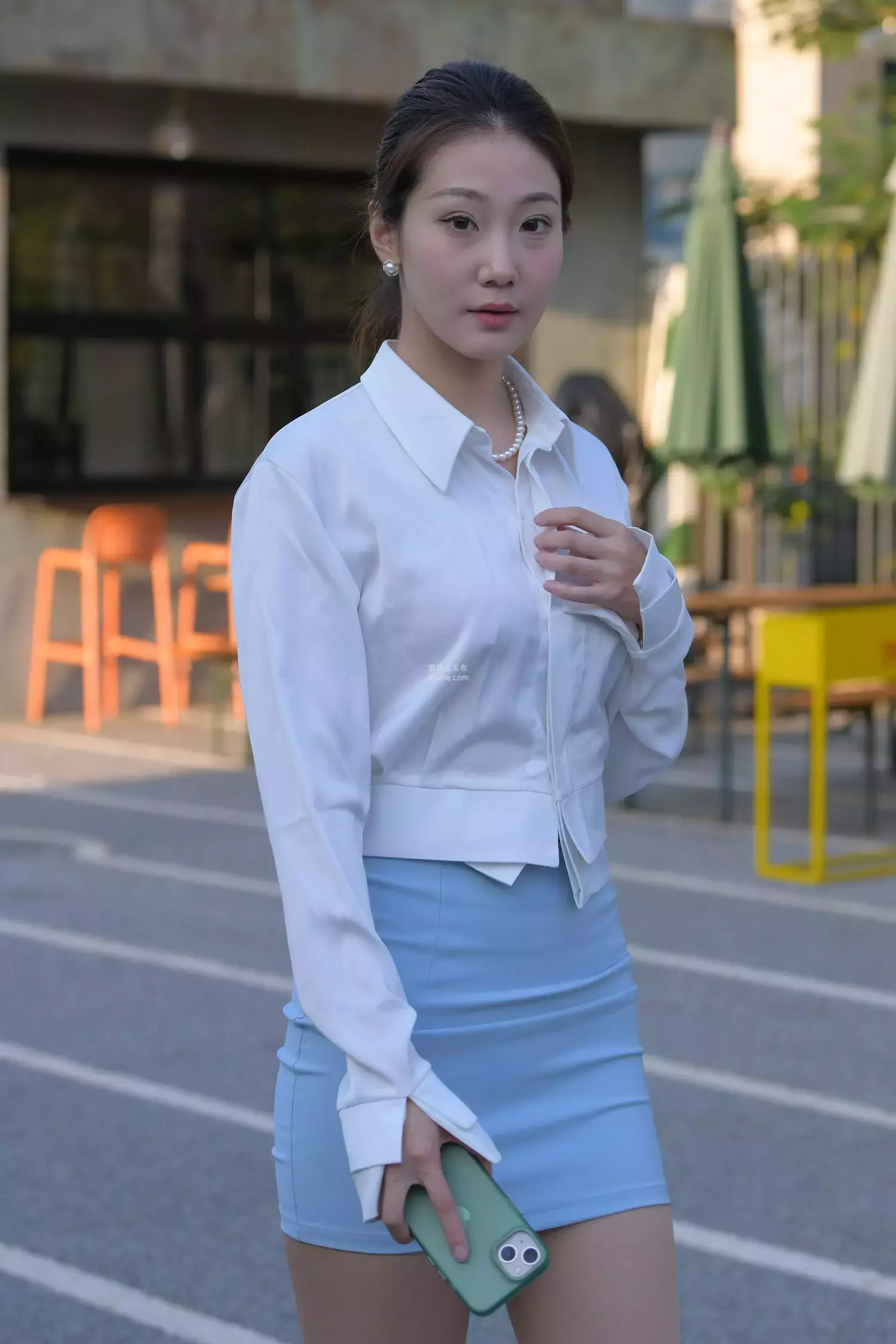 精选街拍作品 NO.1787 蓝裙制服丝袜美女1 摄影街拍-丽图社