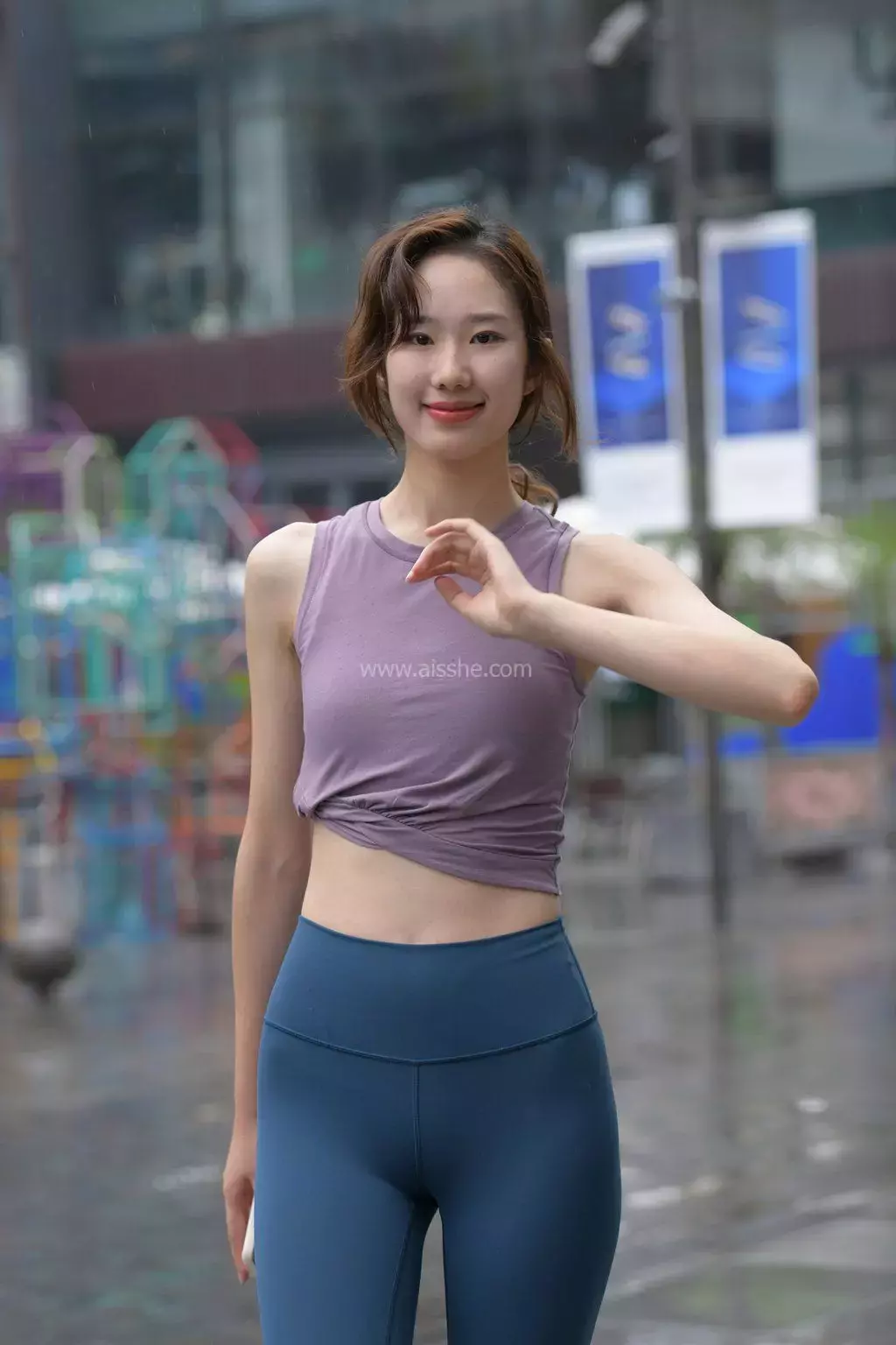 精选街拍作品 NO.1322 蓝色瑜伽裤运动系高挑美女3 美女街拍写真合集-丽图社